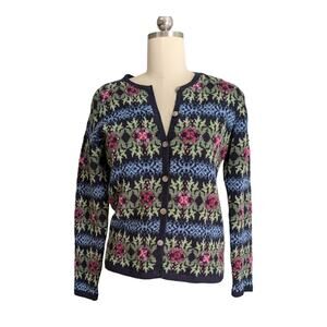 Vintage Floral Cardigan Sweater S Blue Pink Cottage 90s Grandma 3D Knit